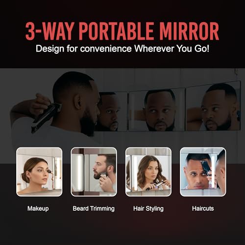 Self-Cut System 3 Way Mirror with LED Lights ? Trifold Self Cut Barber Mirror for Men and Women, 360 View for Easy Haircuts, Travel Friendly - Three Way Design for Grooming and Styling