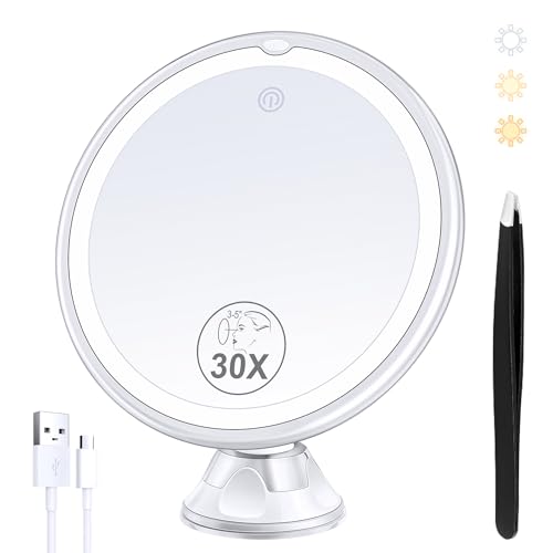 B Beauty Planet White Rechargeable 30X Magnifying Makeup Mirror with Light, 3 Color Modes & 360° Swivel