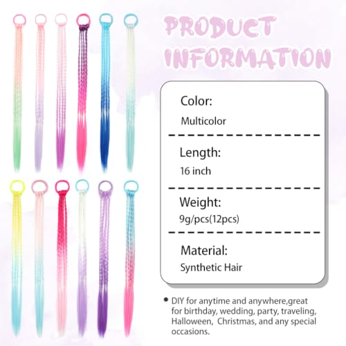 12Pcs 16 Inch Colorful Braided Hair Extensions with Rubber Bands for Girls, Festival & Party Hair Accessories