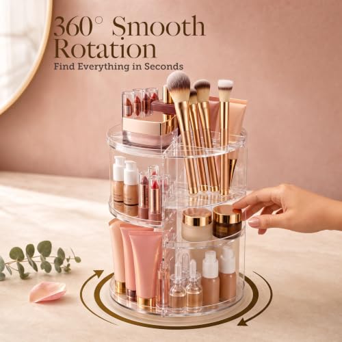 Masirs 360° Rotating Makeup Organizer - Adjustable Shelves, Clear