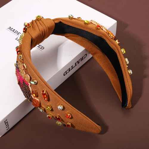 Thanksgiving Headband for Women Fall Accessories Beaded Pumpkin Headband Jeweled Rhinestone Crystal Knotted Hairband Thanksgiving Fall Hair Accessory Gifts (Turkey 4- Brown)