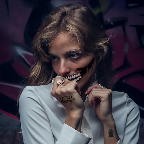 VERKSTAD Halloween 6 Sheets Skull Face Tattoo, Scary Mouth Tattoo Stickers, Horror Skeleton Vampire Death Demon Zombie Temporary Tattoos, 8 Small Pumpkin Tattoo Costume Makeup Cosplay Accessories