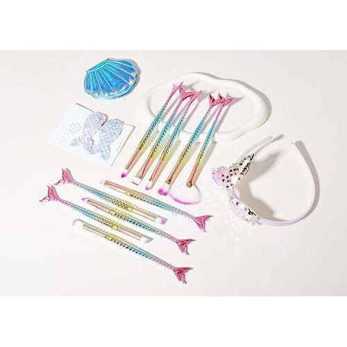 Mermaid Gifts for Girl friend, COSHINE 15pcs Unique Makeup Tools Gift Box-Mermaid Makeup Brushes, Cosmetic Bag, Head Band, Mirror and Hair Clip for Niece Daughter Her