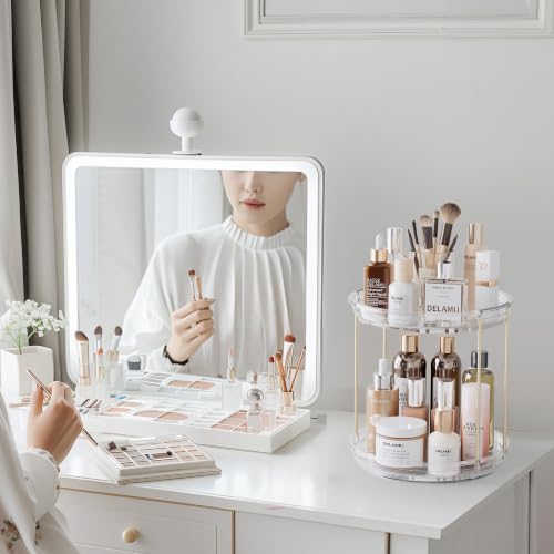Delamu Rotating Makeup Organizer 2-Tier Vanity Storage with Spin Shelf