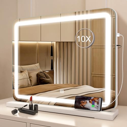 STARLEAD 19" x 14" Makeup Mirror with Lights and 10X Magnification, 3-Color Dimmable LED Lighting & Touch Control, USB Charging Port for Travel/Dressing Room