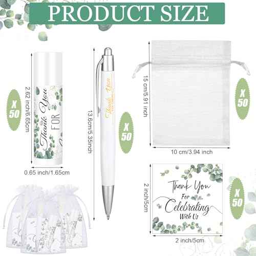 50 Set Wedding Thank You Gifts, Thank You Lip Balm Bulk Retractable Ballpoint Pen Appreciation Card Organza Drawstring Gift Bag Bridal Shower Gift for Guest Wedding Party(Eucalyptus Leaf)
