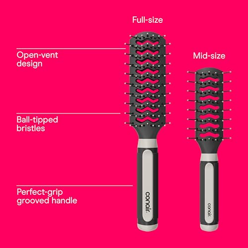 Conair Hair Brush Set - Black, 1 Full-Size & 1 Mid-Size Vented Brushes, Grip & Lift, Travel Ready