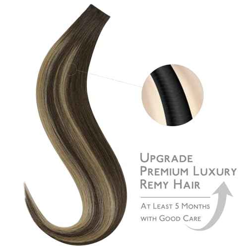 WENNALIFE Invisi Edge Tape in Hair Extensions Human Hair, 16 Inch 50g 20pcs Balayage Chocolate Brown to Caramel Blonde Invisible Luxury Remy Hair Extensions Natural Seamless Injected Tape Ins Straight