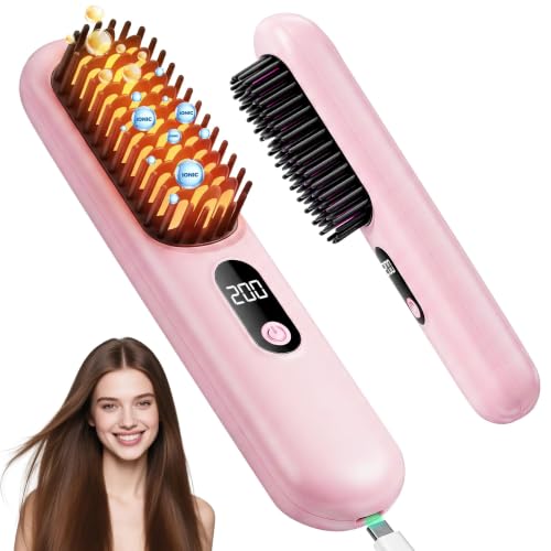 Cordless Hair Straightener Brush with 4 Heat Settings - Pink