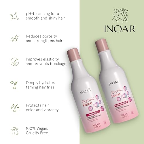 Inoar Glycolic Force Shampoo & Conditioner Bundle with Glycolic Acid for Deep Cleansing, Intense Hydration & Renewed Shine, 2 x 16.9 fl.oz