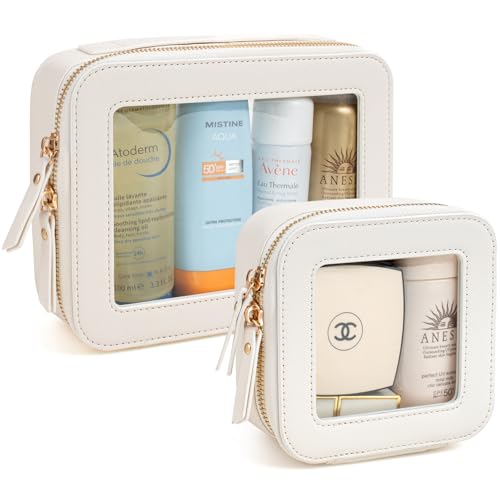 KOTORA Clear Makeup Bag Organizer Set,Portable Travel Toiletry Case for Women, Vegan Leather Cosmetic Pouch Car Bag for Essentials Car Accessories for Women Girls(White)