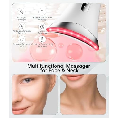 Red Light Therapy for Face and Neck, 7 Color Facial Massager with Adjustable Vibration and Thermals for Wrinkles, Double Chin, Portable Skin Care Tool with Base, White