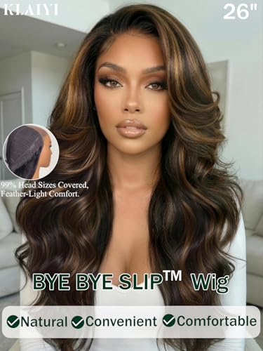 KLAIYI Loose Body Wave Lace Front Wig with Drawstring, 7x5 No Slip, Golden Brown Highlights, 16 Inch, Pre-Plucked, Bleached Knots, Ready to Wear