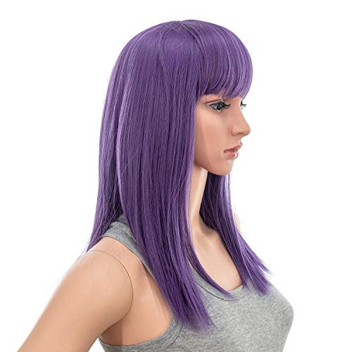 SWACC Short Straight Wig 14 Inch with Blunt Bangs and Purple Shade for Women