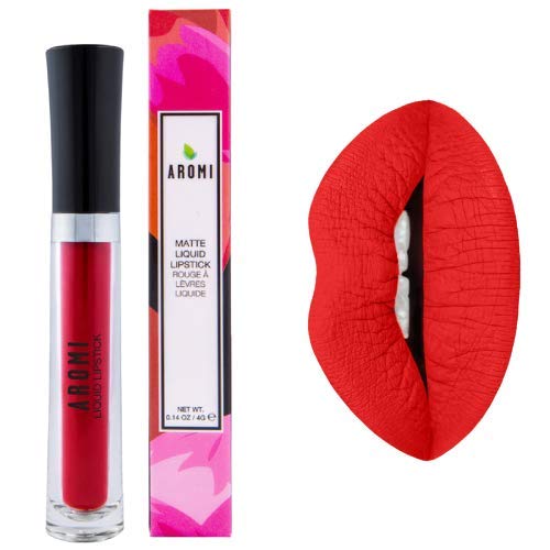 Aromi Bright Red Matte Liquid Lipstick | Red Hot Lip Color, Vegan, Cruelty-free, Long-lasting, Smudge Proof, Waterproof, Handmade (Preppy Red)