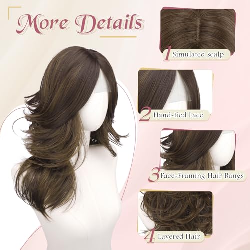 Haloo Brown Layered Wigs with Curtain Bangs & Highlights - 20 Inch Synthetic Hair for Women