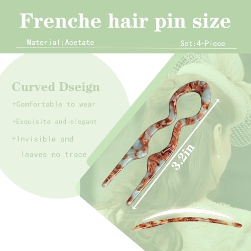 French Hair Pins for Women - 4 Pack Tortoise Acetate