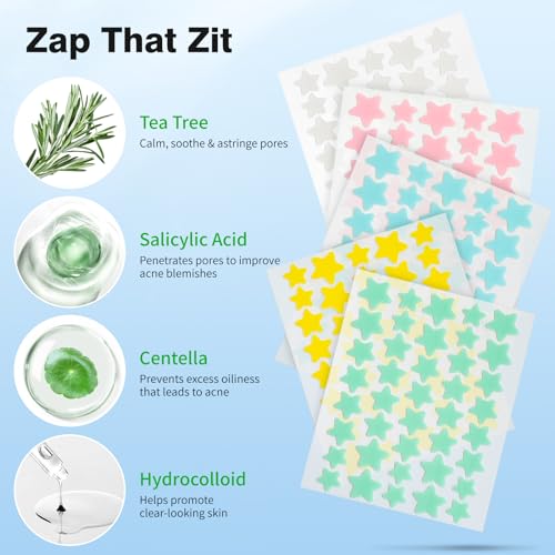 Pimple Patches for Face, Hydrocolloid Acne Patches, Cute Star Zit Covers, Colorful Spot Stickers with Tea Tree, Salicylic Acid & Cica Oil| 3 Sizes (10mm, 12mm & 14mm) |200 Count