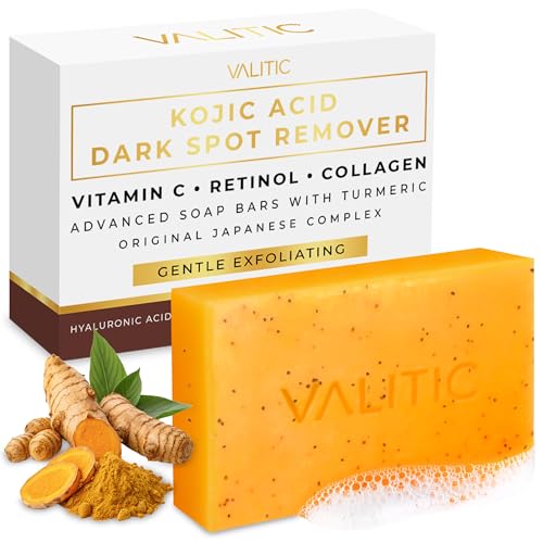 VALITIC Kojic Acid Soap - Turmeric Soap for Dark Spots for Face and Body - Exfoliating Bar for Hyperpigmentation, Skin Tone Corrector with Retinol, Vitamin C, Collagen and Hyaluronic Acid - 1 Pack