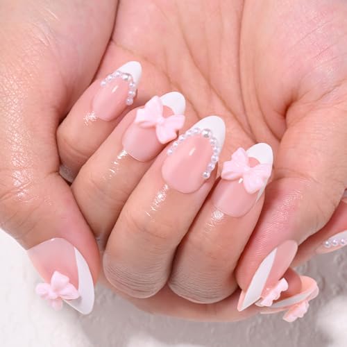 XZMeiLun 506-Short Almond French Tip Press On Nails with 3D Pearls & Pink Bow, 30 Pcs, 15 Sizes (Glue Not Included) - Reusable