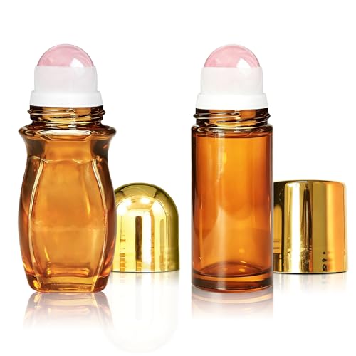 Rose Quartz Roller Bottles - 2 Pack 50ml Amber Glass for Oils