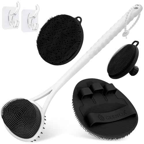Silicone Back & Body & Face Scrubbers Set 4PCS, 15.35¡¯¡¯ Soft Back Scrubber for Dual-Side Usage, Easy-to-Hold Bath Glove Body Scrubber Face Scrubber for Good Foaming & Deep Cleaning(Black)