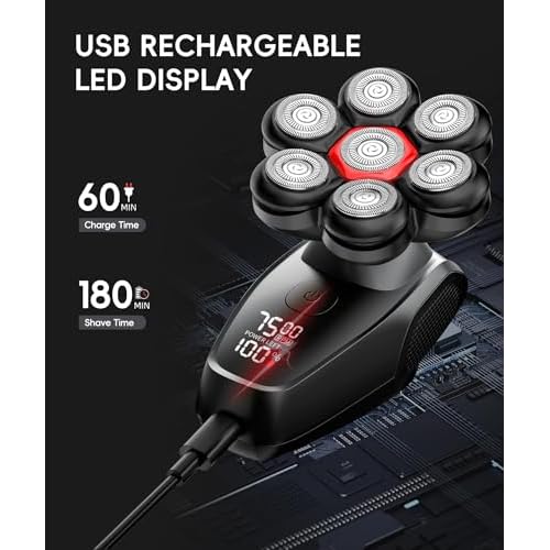 Head Shavers for Bald Men, 7D Head Shaver with LED Display, 3 Adjustable Modes, 10000 RPM High Speed Motor, IPX8 Waterproof, USB Fast Charging