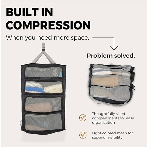 Hanging Suitcase Organizer with Compression - 4-Compartment Travel Closet