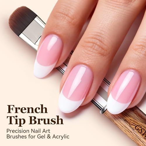 French Tip Nail Brush (F18) with Wooden Handle & Pouch – One-Stroke Smile Line Gel Polish Brush