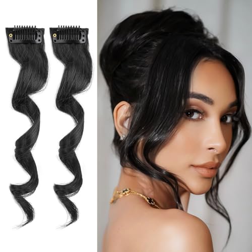 Rafabcici Side Bangs, 12 Inch Wavy Curly Clip in Bangs Front Side Bangs for Women 2PCS Clip in Bangs Fringe Bangs with Temples Synthetic Long Dragon beard Bangs Hair(Black)