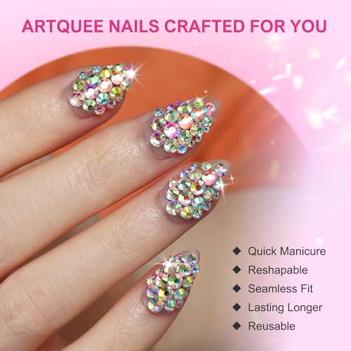 Artquee 36pcs Pink Ombre Crystal Press on Nails with 3D Rhinestones Mixed Pink Metal and Glitter Glossy False Nails Long Ballerina Coffin Flash Fake Nail Tips Manicure for Women