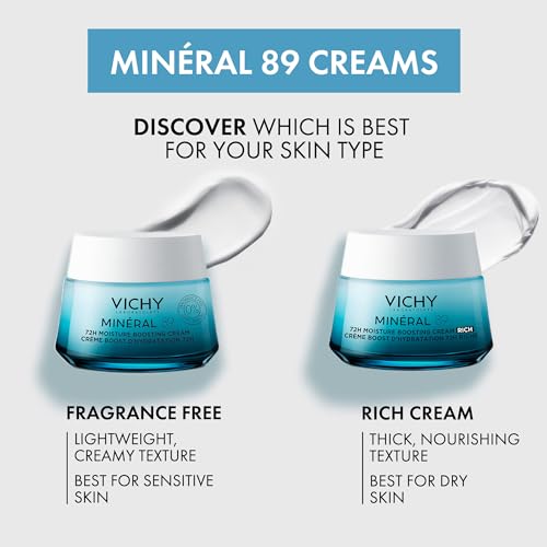 Vichy Mineral 89 Fragrance Free Cream, 72H Moisture Boosting Lightweight Cream | Hydrating Face Moisturizer with Hyaluronic Acid and Niacinamide | Suitable for All Skin Types