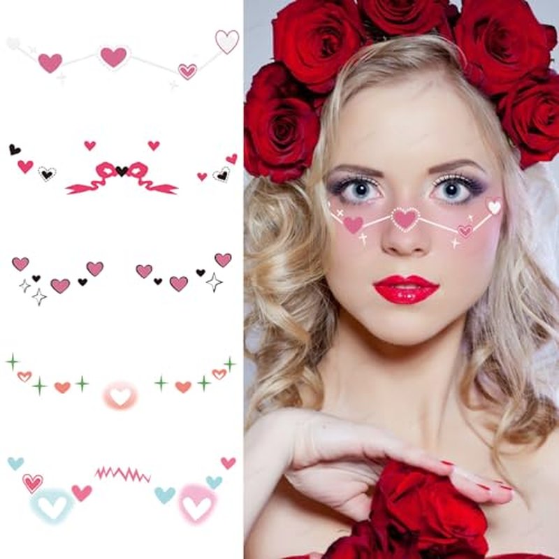 10 Pcs Love Heart Blush Face Stickers Cute Valentine's Day Hearts Bows Peals Freckle Temporary Tattoo Self-adhesive Face Sticker Face Body Decal Stage Makeup Face Decoration for Holiday Party