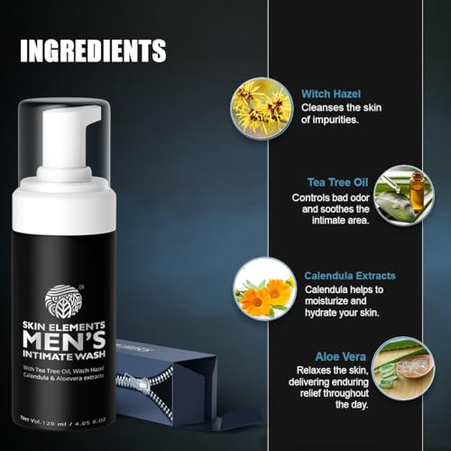 Skin Elements Intimate Wash for Men | pH Balanced Foaming Wash with Tea Tree Oil & Aloe Vera | Soothes, Refreshes & Maintains Hygiene | 4.05 fl. oz. |