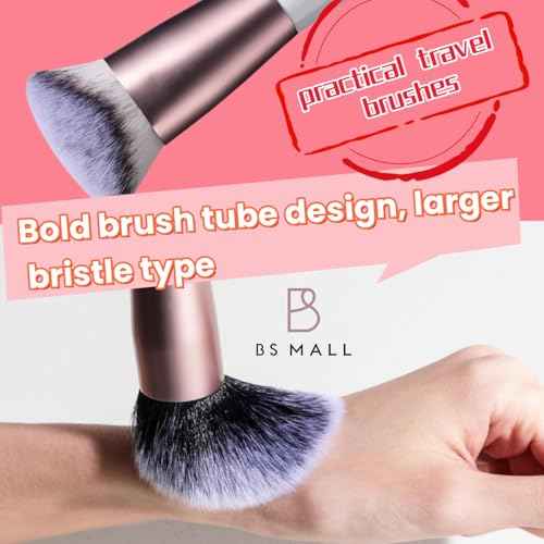 BS-MALL Travel Makeup Brushes Premium Synthetic Foundation Powder Concealers Eye Shadows 7 PCS with Triangle Puff & Storage Bag (Rose Pink)
