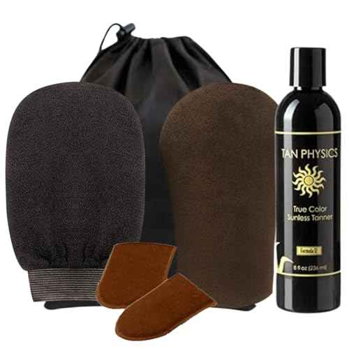 Tan Physics Sunless Tanner ? 6pc Tanning Kit with Face & Body Mitts, Exfoliation Mitt & Travel Bag ? Self Tanning Lotion for Face & Body ? Instant, Streak-Free Glow for a Natural-Looking Tan