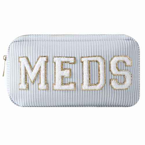 uekeboag Seersucker Chenille Letter Stuff Meds RX Makeup Bag, Travel Washable Purse Organizer with Zipper, Lightweight Toiletry Cute Personalized Preppy Cosmetic Bag For Women and Girls(03Blue Meds)