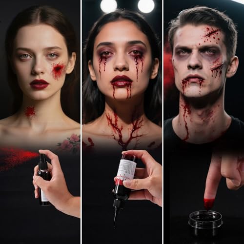 Vampire Blood Fake Blood Kit - Coagulated Gel, Spray & Dripping Liquid for Realistic Vampire Zombie SFX Makeup, Skin-Safe Washable Special Effects Blood for Halloween Cosplay Costume Party