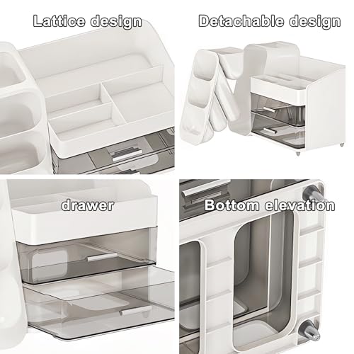 DASITON Makeup Organizer with Brush Holder for Vanity, Bathroom Countertop Organizer with 2 Drawers, Large skincare storage organizers for perfume, lipstick, Nail Polishes and Beauty Essential (White)