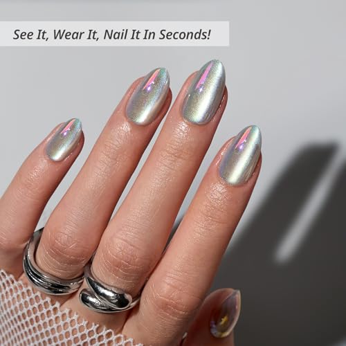 BTArtbox Cat Eye Short Almond Press On Nails 32Pcs Full Kit - Chaos Chrome Variation