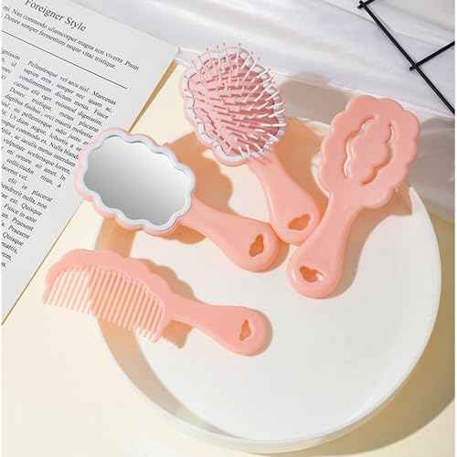 4 Pieces Mini Wet Hair Brush Hair Comb Set For Women Girls Kids Gift Small Cute Cloud shaped Hair Comb Hair Brush Handheld Mirror Set Travel Detangling Comb Massage HairBrush with Air Cushion (Pink)