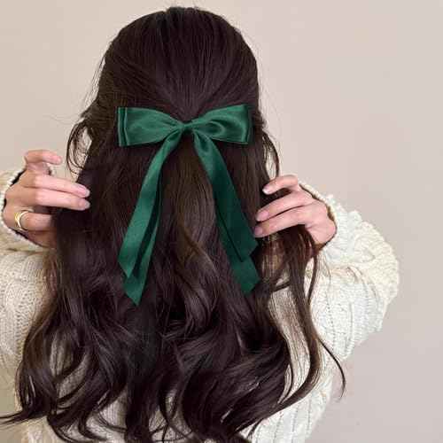 5.5in Hair Clips for Women Dark Green Tassel Ribbon Bow-knot Hairpins with Long Tail,Solid Satin Polyester Alligator Barrettes Claw Clips for Girls Stylish Hair Accessories