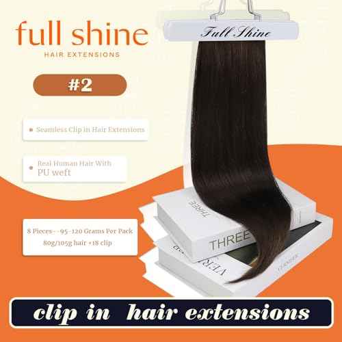 Full Shine Seamless Hair Extensions Clip in Dark Brown Clip in Hair Extensions Human Hair 18 Inch Invisible Clip ins PU Weft Remy Hair Add Volume 8 PCS 120 G