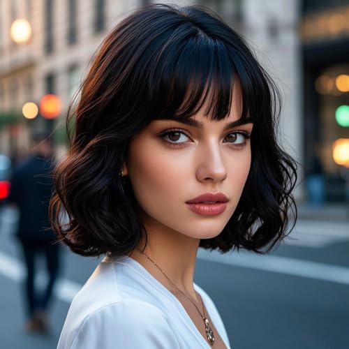 Short Black Wavy Bob Wig with Bangs for Women - Synthetic Daily Wear Hairpiece