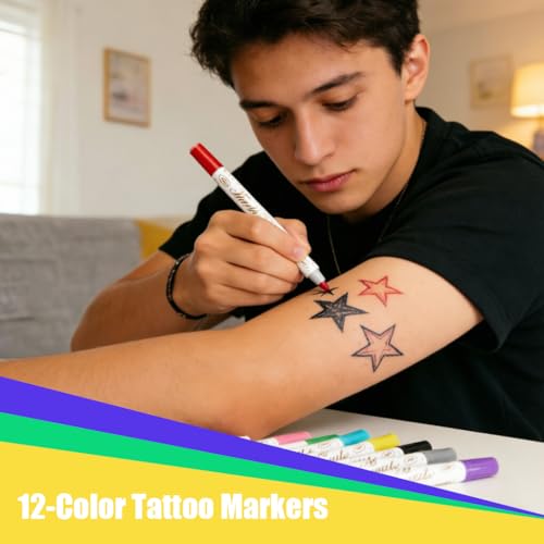 Temporary Tattoo Markers Set - 12 Colors with 81 Stencils