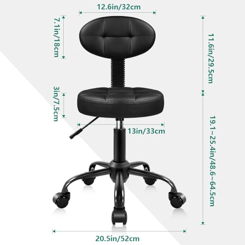 Round Stool with Back for Work SPA Shop Home Massage Height Adjustable Swivel Stool Chair with Wheels (Black)