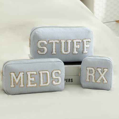 uekeboag Seersucker Chenille Letter Stuff Meds RX Makeup Bag, Travel Washable Purse Organizer with Zipper, Lightweight Toiletry Cute Personalized Preppy Cosmetic Bag For Women and Girls(03Blue Meds)