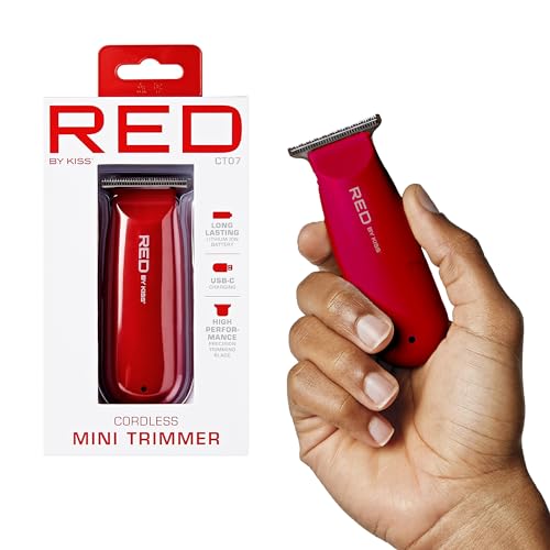 Red by Kiss Hair Clipper, Mini Cordless Hair Trimmer, Long Lasting Hair Cutting Kit, USB-C Rechargeable Haircut Beard Trimming Clippers for Men Women Kids, Portable Grooming Kit (Red)