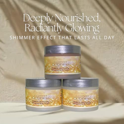 GLIMMER GODDESS Shimmer Body Butter with Organic Whipped Shea Butter for Hydration, Moisturizing & Silky Natural Glow - Bronze, Diamond & Gold in Sexy, 2oz, Pack of 3