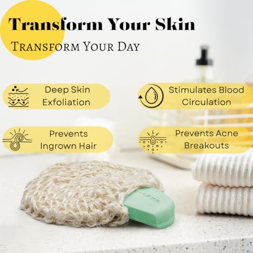 Natural Handwoven Sisal Loofah Body Scrubber - Organic Shower Sponge Made from Premium Agave Fibers - Arabic-Turkish Style with Bar Soap Pouch - Natural Body Scrubber for Men & Women (3-Pack)